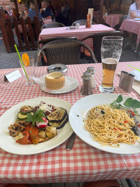Spaghetti Aglio Olio Peperoncino and Greek Salad